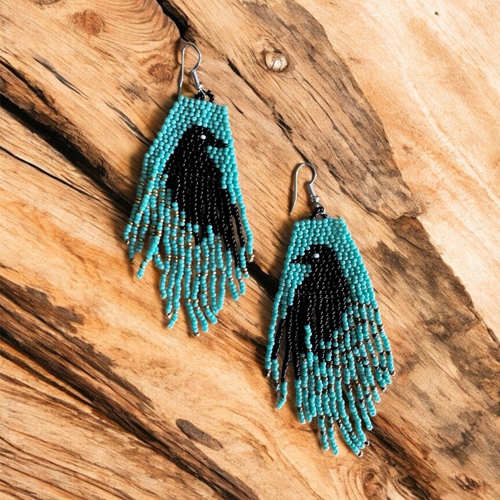 Raven crow Corvid beaded dangle earrings